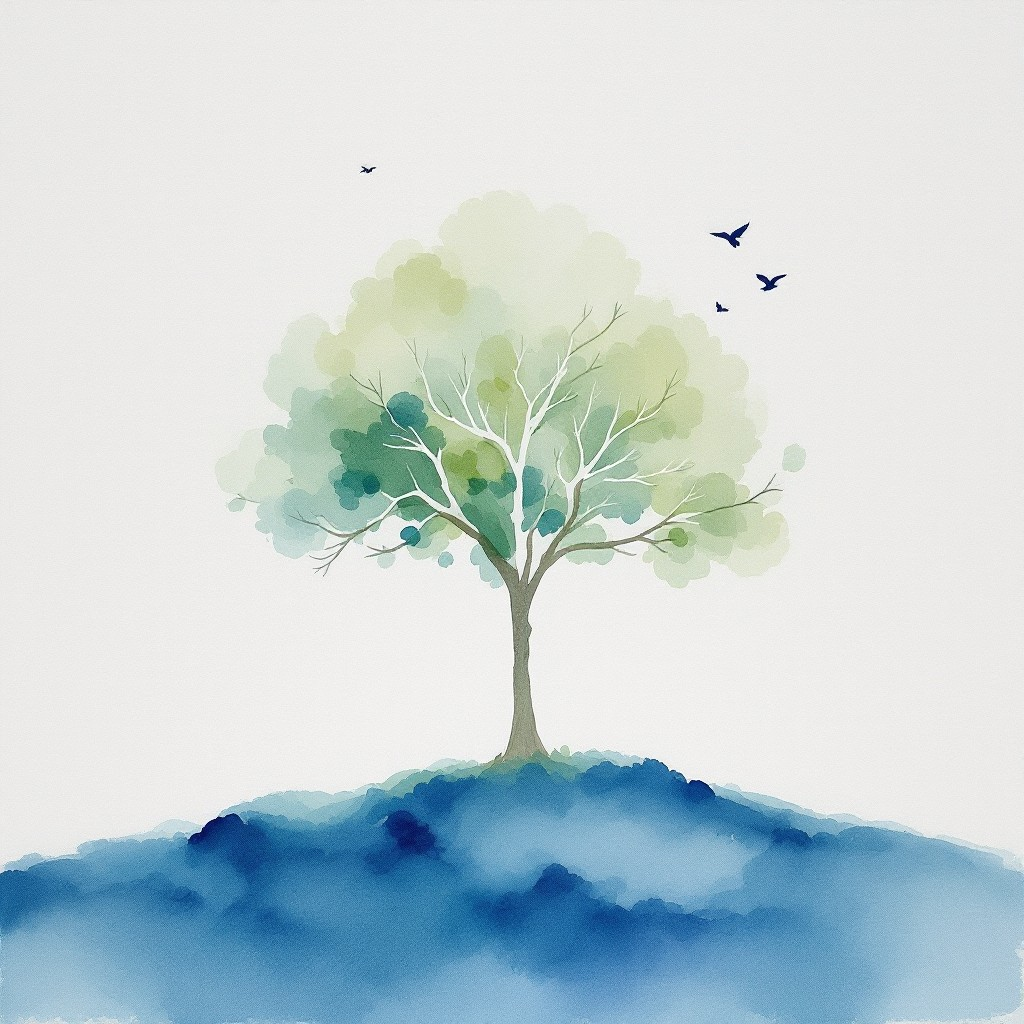 Illustrazione ad acquerello di un albero solitario su una collina, con uccelli in volo nel cielo